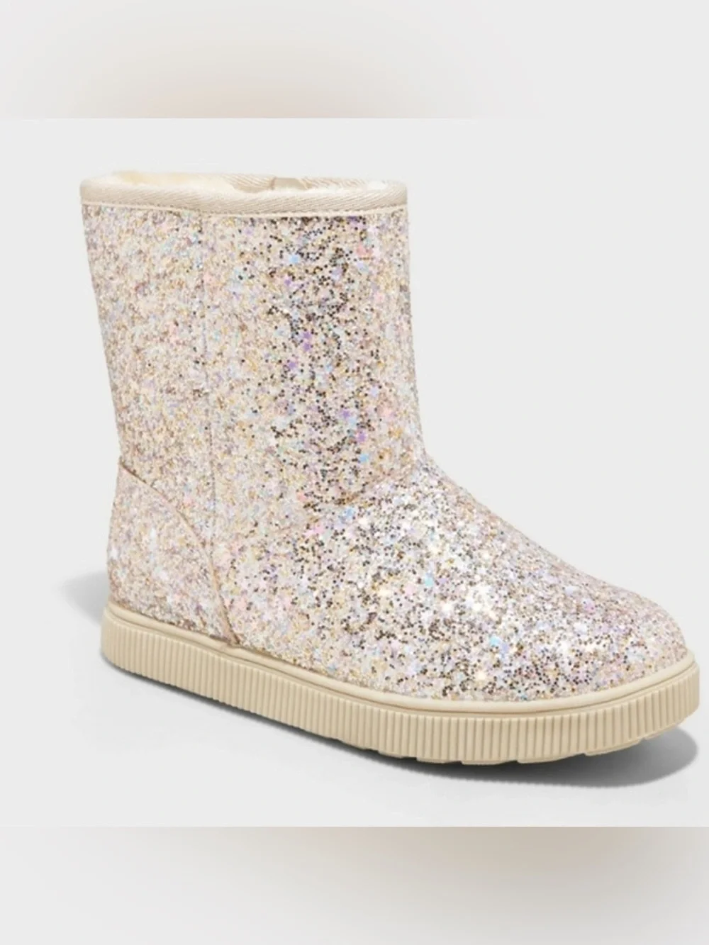 Cat & Jack Girls Glitter Pull-On Gold Boots with fur shearling lining 12T